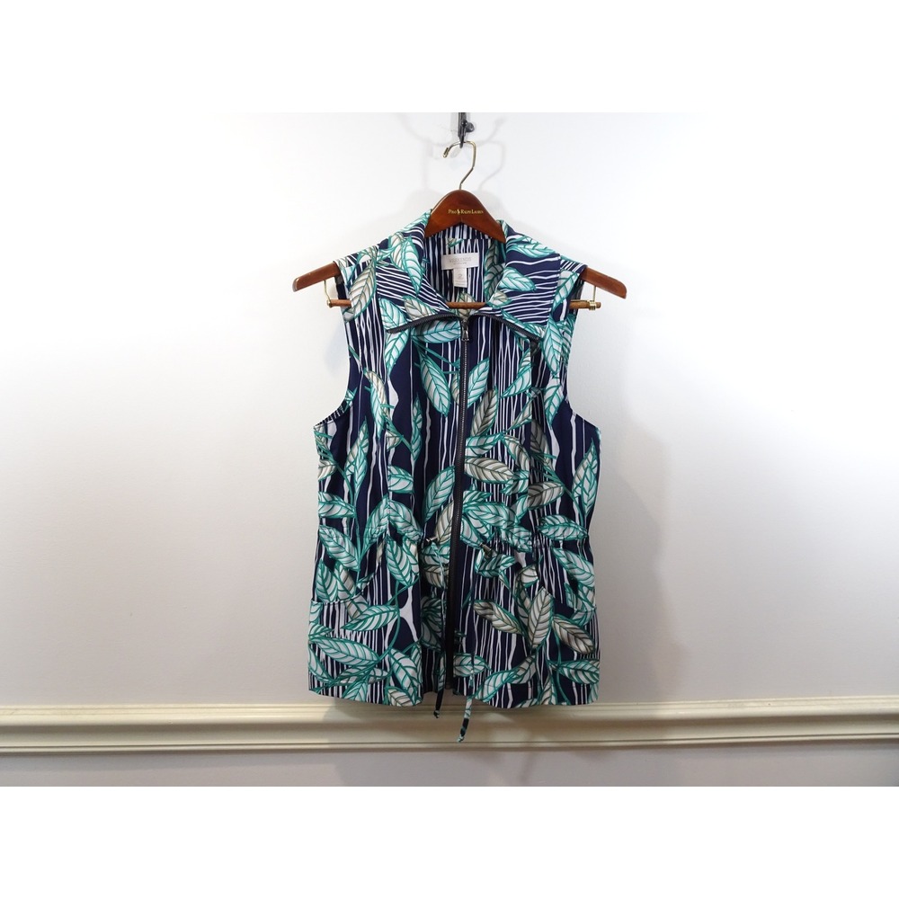 Chicos Weekends Vest Womens 2 Large Navy Blue Striped Green Leaf Tropical Zip Up